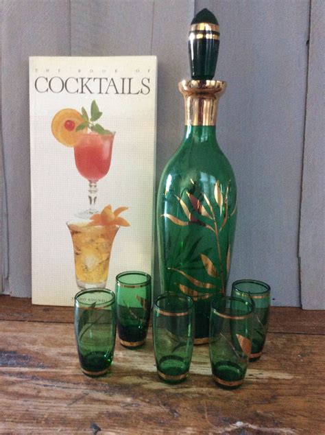 vintage green glass decanter set czech bohemian glass shot etsy