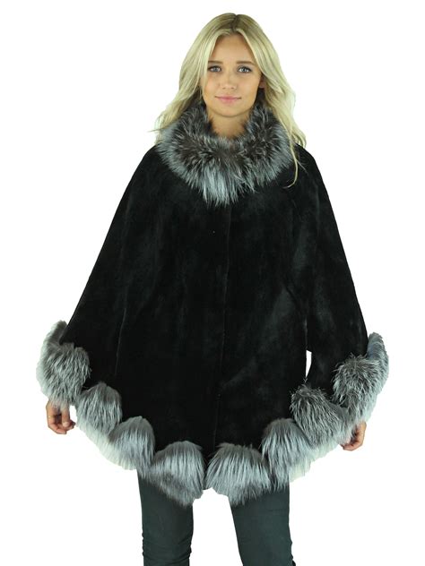 black sheared mink fur cape  silver fox trim day furs