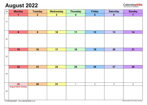 calendar august  uk  excel word   templates
