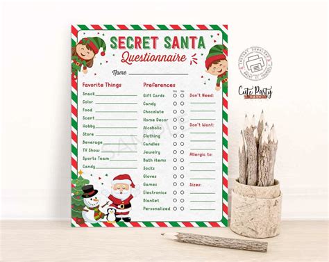 christmas secret santa questionnaire printable holidays  list tem