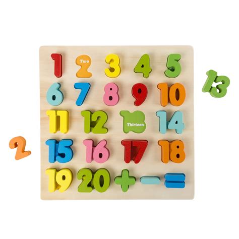 wooden number puzzle board  colorful pieces  math signs stem