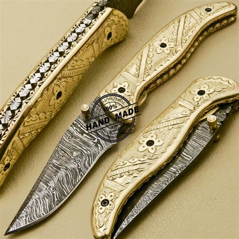 custom handmade engraving damascus folding knife  leather sheaths