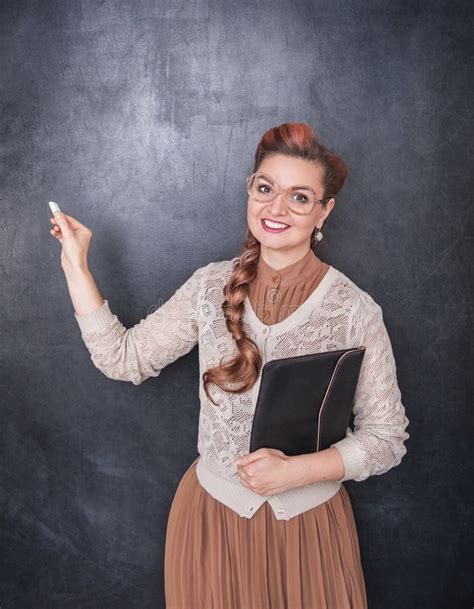 Beautiful Teacher With Piece Of Chalk Stock Image Image Of Happy