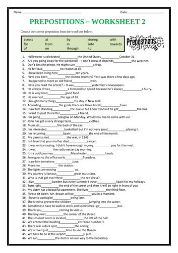 prepositions  worksheets teaching resources