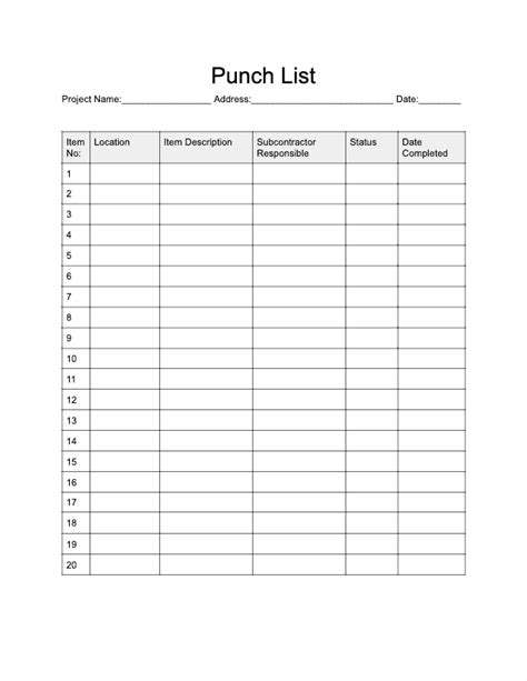 punch list template excel