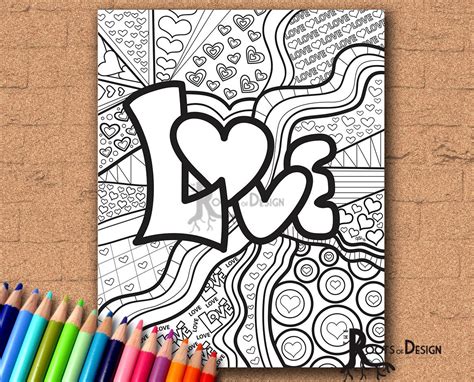 instant  coloring page love word art print zentangle