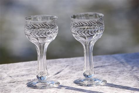 Vintage Etched Hollow Stem Wine Glasses Set Of 4 After Dinner Drinks