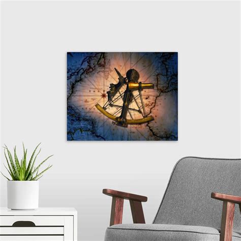 historic sextant with old world map in background wall art canvas