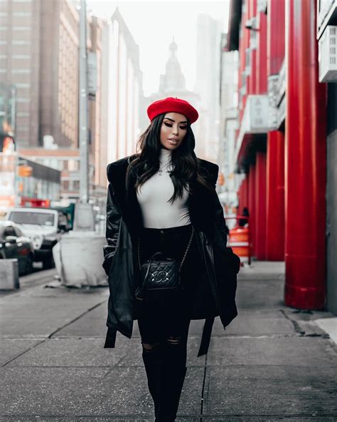 black  red clothing ideas  trench coat beanie coat beret outfit black  red