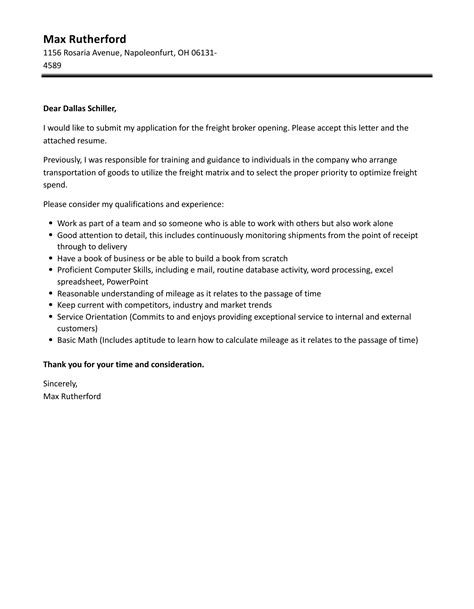 freight broker cover letter velvet jobs