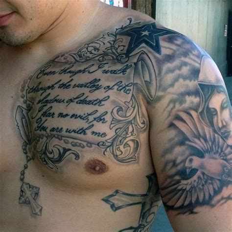 Man With Bible Verses Tattoos On Upper Chest Cool Shoulder Tattoos