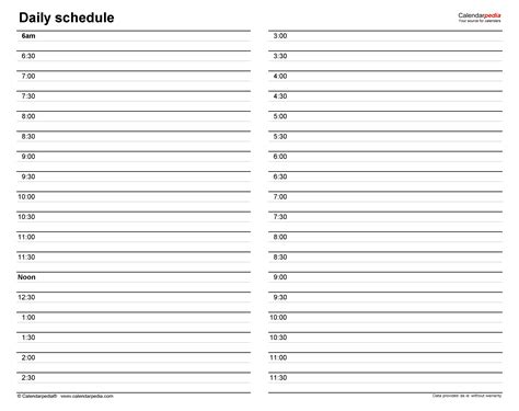daily schedule template  minute intervals