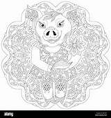 Mandala Zentangle Animale Groviglio Pig Maialino Domestico Ferkel Alamy Schwein Wirrwarr Haustiere Malbuch sketch template