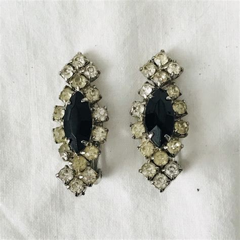 vintage clip earrings black rhinestones plated backs  collectible