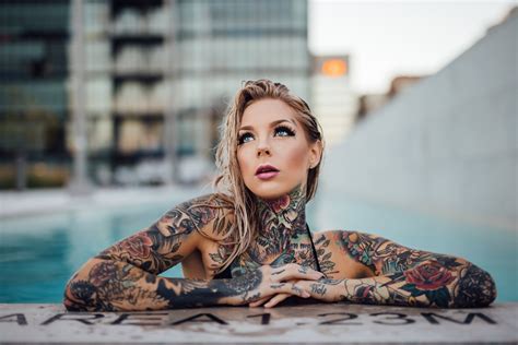Download Blue Eyes Blonde Model Woman Tattoo 8k Ultra Hd Wallpaper By