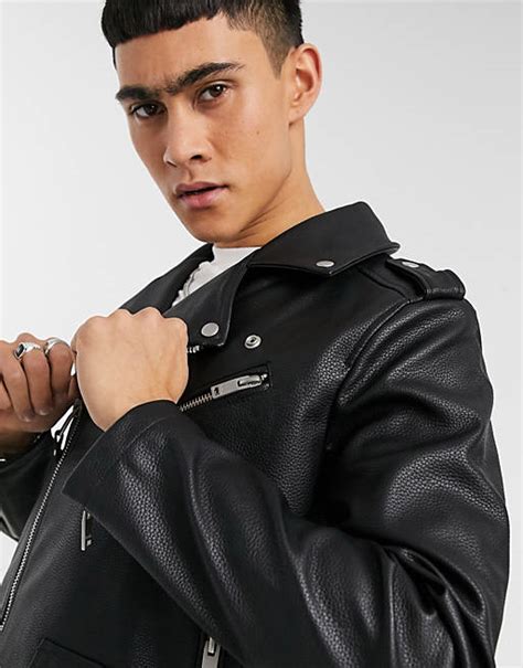 bershka faux leather textured jacket  black asos