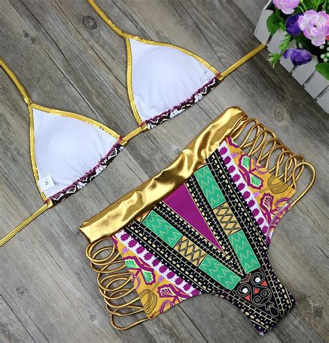 gold high waist two pieces bikinis sets african geometric printed bath