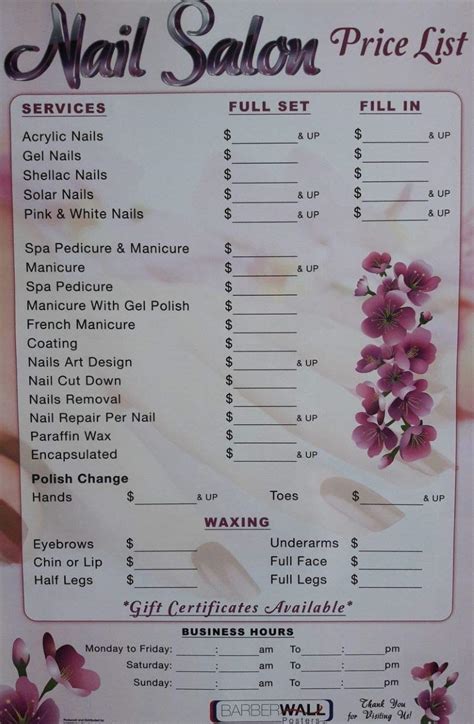 nail salon price list poster  barberwall nail salon decor nail salon
