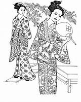 Geisha Coloring Drawing Japan Plum Medallions Yukata Decorated Casual Netart Clothing Drawings Designlooter sketch template