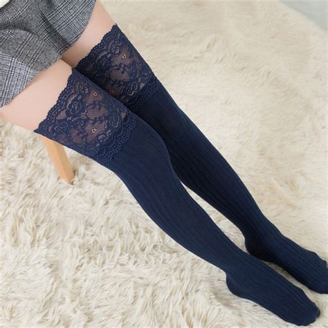 Women Stockings Sexy Lace Trim Thigh High Over Long Cotton Warm