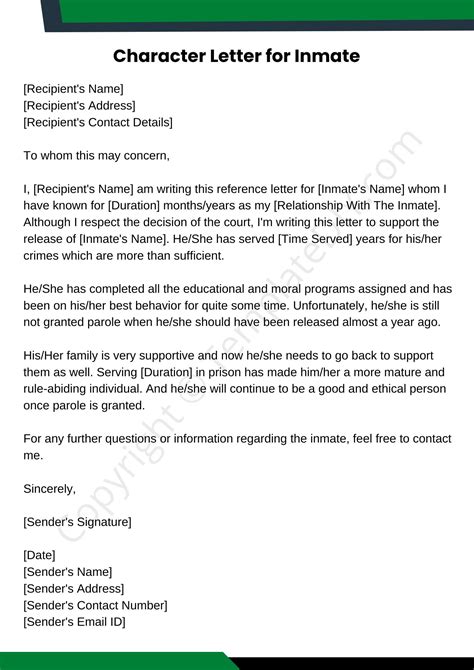character letter  inmate sample template   word