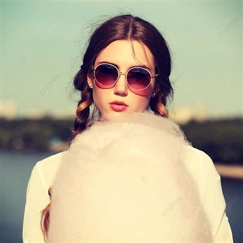Lifestyle Young Happy Hipster Woman Eating Sweetened Cotton Candy Photo