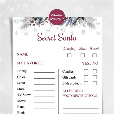 printable secret santa questionnaire  work secret santa info cards