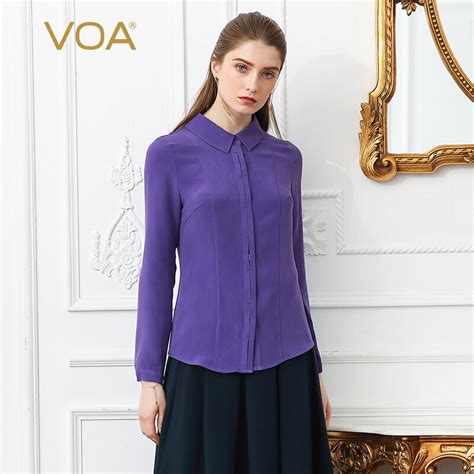 voa  spring purple  size office lady heavy silk blouse slim  basic formal shirt