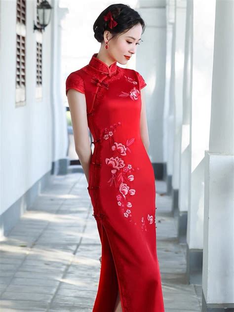 Chinese Dress Red Embroidered Floral Cheongsam Evening Etsy