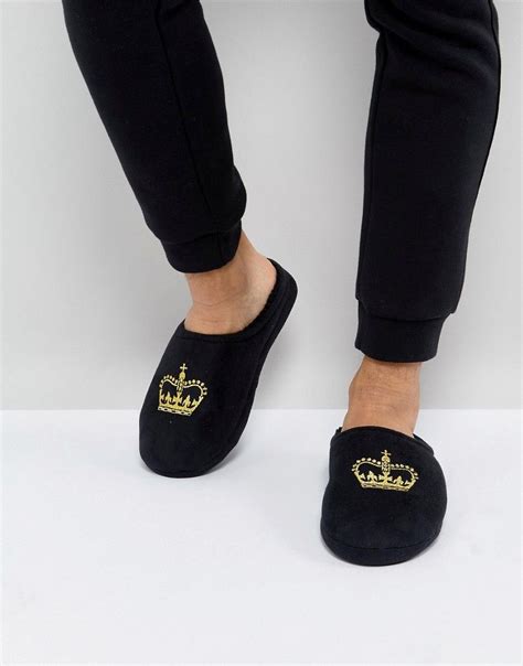 asos slip  slippers  black  crown embroidery black mens slippers slippers mens