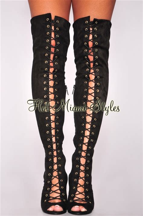 Black Faux Suede Lace Up Knee High Heel Boots