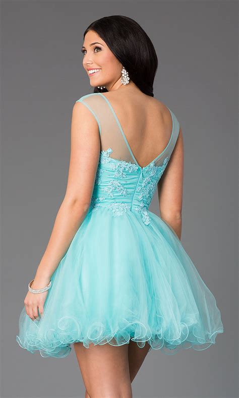Jeweled Lace Illusion Short Prom Dress Promgirl