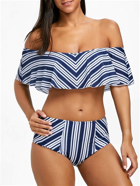 Share And Get It Free Striped Off Shoulder Flounce Bikini Setfor