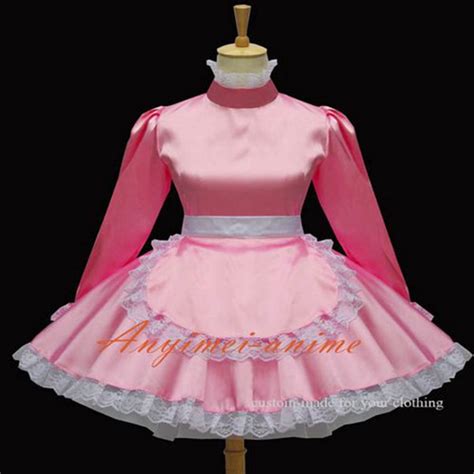 Sexy Sissy Maid Pink Satin Dress Lockable Uniform Cosplay Costume