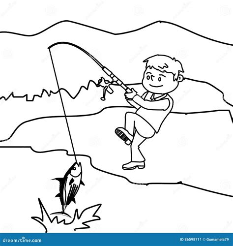 boy fishing fish coloring page stock illustration illustration