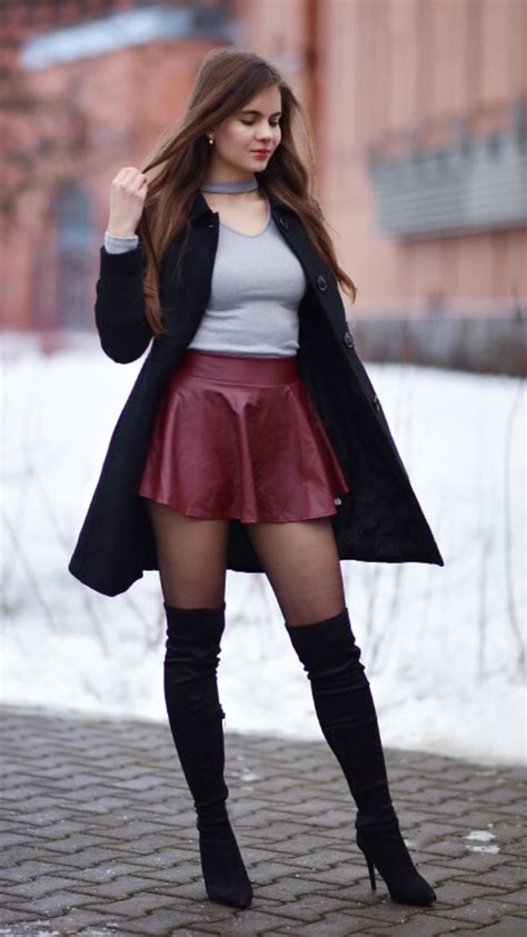 elegant black coat burgundy leather skirt and suede knee boots
