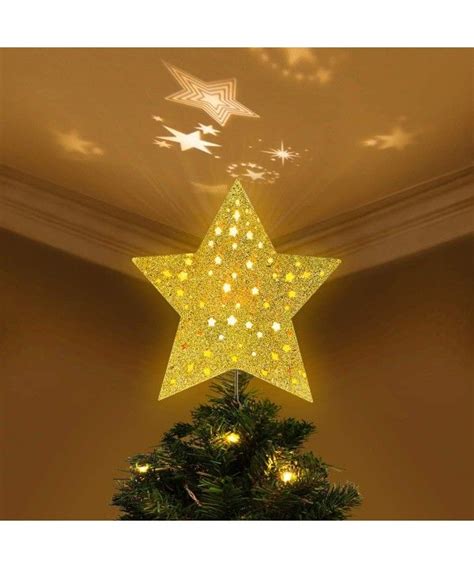 lighted christmas tree toppers  rotating star projector gold glittered  point star tree