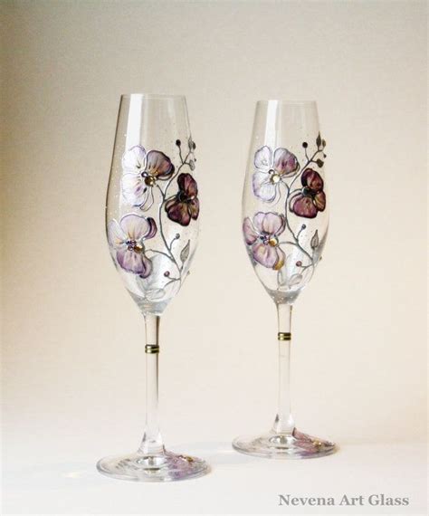 Custom Order Hand Painted Champagne Glasses Orchids Design Silver