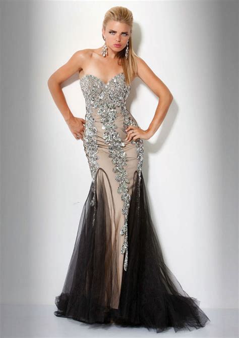 silver and black strapless strapless floor length mermaid tulle prom