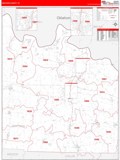 grayson county tx zip code wall map red  style  marketmaps