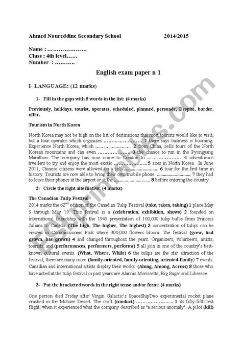 english exam paper   esl worksheet  imenarbi