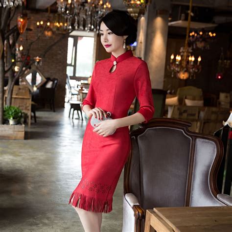 New Arrival Fashion Short Suede Women Cheongsam Dress Chinese Ladies