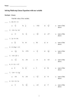 solving multi step linear equations  variable test bank