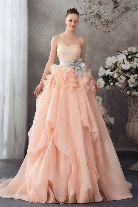 princess   sweetheart corset ruffled peach organza tulle wedding dress  crystal bow