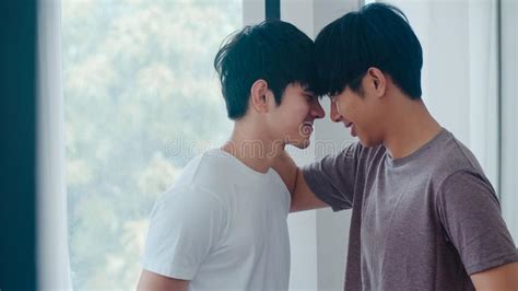asian gay couple standing and hugging near the window at