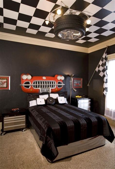 kids boys guest car lovers bedroom black  white checked ceiling