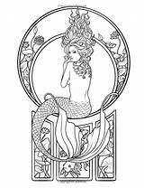 Coloring Pages Mermaid Kraken Tattoo Nouveau Adult Mermaids Siren Vintage Colouring Mythical Mystical Drawings Sea Dessin Coloriage Books Printable Selina sketch template