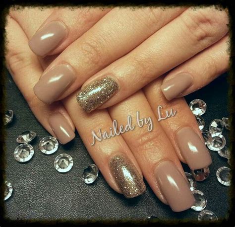 Taupe Gel Polish With Pressed Gold Glitter Acrylic Nails Fancy Nails
