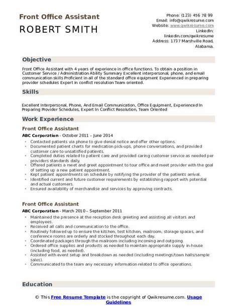 front office assistant resume samples qwikresume