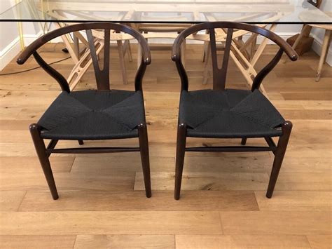 set   wishbone design dining chairs solid wood walnut woven base